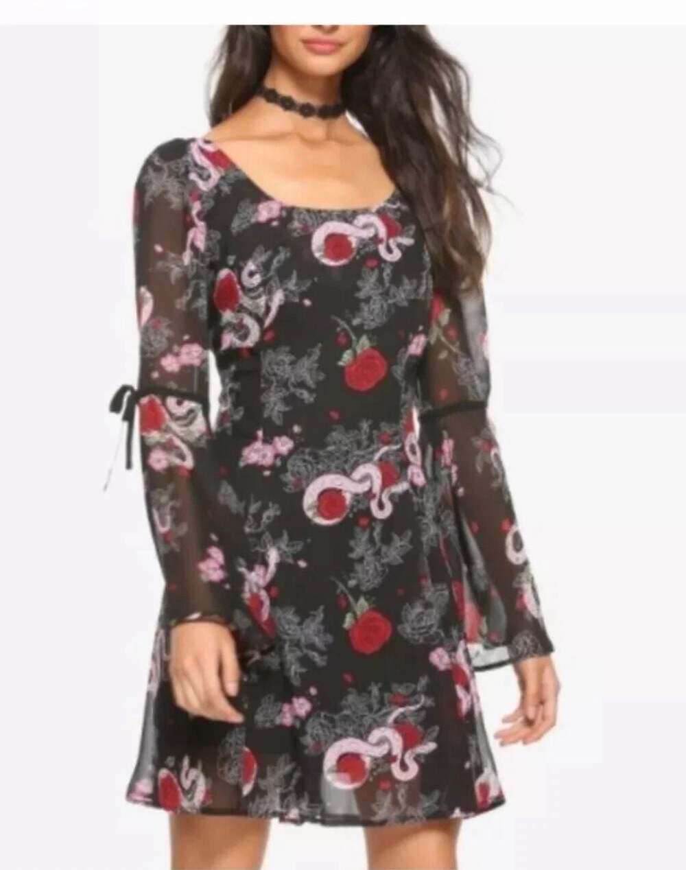 Hell Bunny Serpentine Mini Dress Snake Rose Print Bell Sleeve Gothic Sheer
